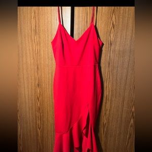 Red Slip Midi Cocktail Dress with thigh slit